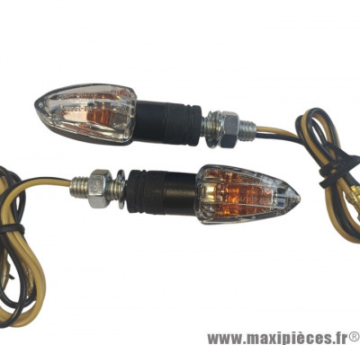 Paire de clignotants universel mini à ampoule orange transparent / noir homologué CE (12v6w bau9s) * Déstockage !