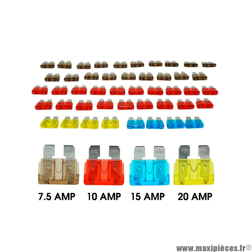 Fusible plat enfichable classique assortie (boite de 50) (7,5a+10a+15a+20a) pièce pour Scooter, Mécaboite, Mobylette, Maxi Scooter, Moto, Quad