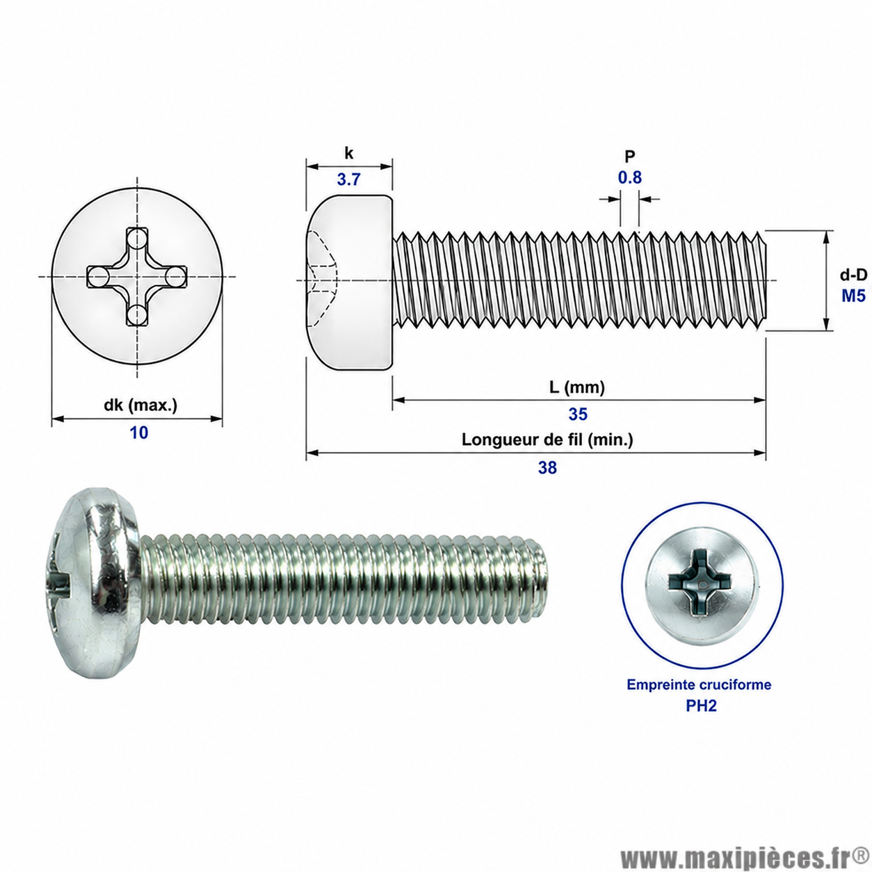 Vis à tête cylindrique bombée cruciforme M 5x35 mm 4.8 (Vendue à l'unité)
