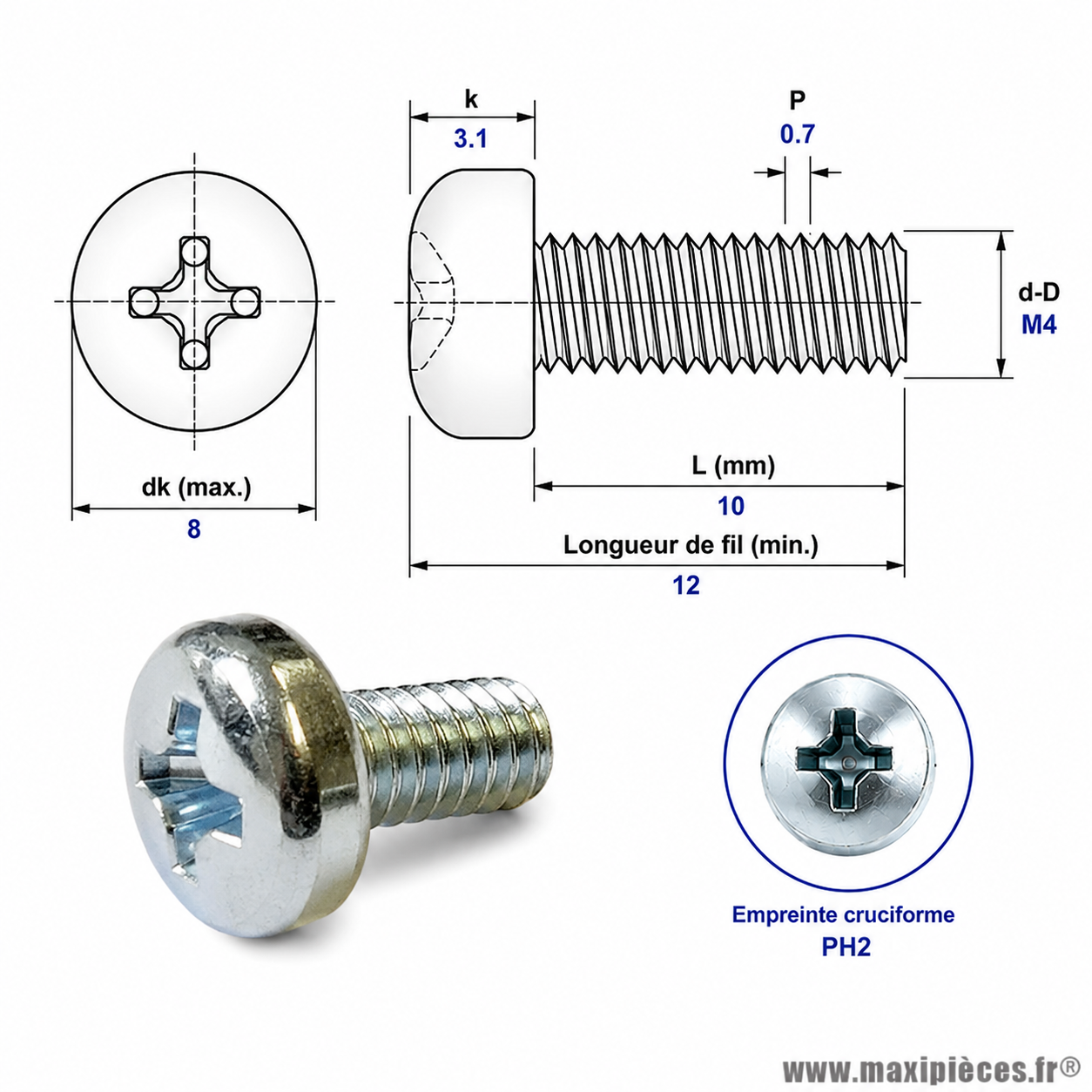 Vis à tête cylindrique bombée cruciforme M 4x10 mm  4.8 (Vendue à l'unité)