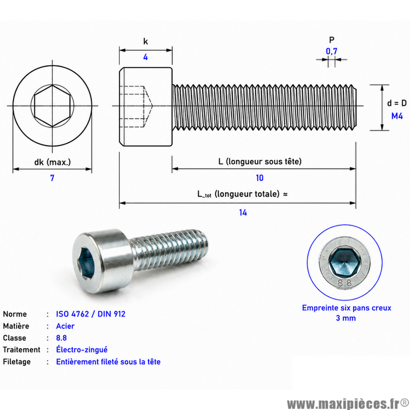 Vis BTR/CHC M 4x10 mm 8.8 (Vendue à l'unité)