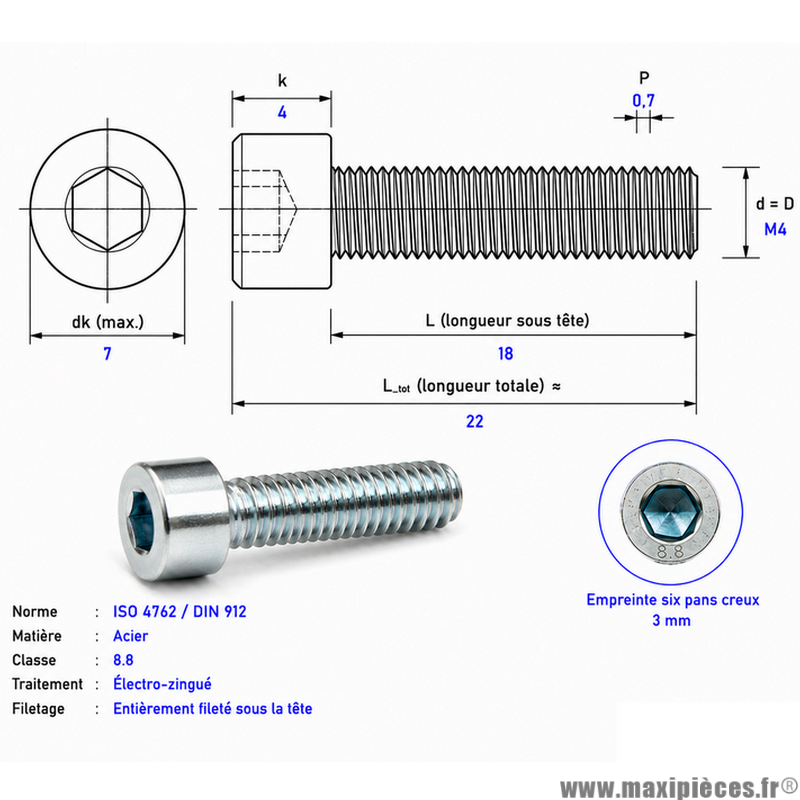 Vis BTR/CHC M 4x18 mm 8.8 (Vendue à l'unité)