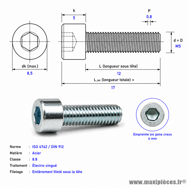 Vis BTR/CHC M 5x12 mm 8.8 (Vendue à l'unité)