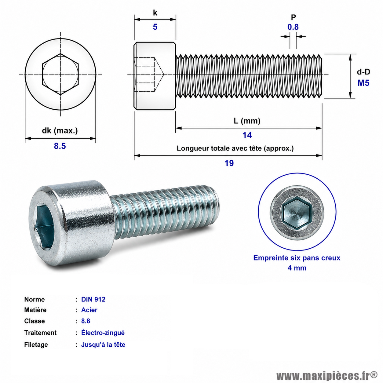 Vis BTR/CHC M 5x14 mm 8.8 (Vendue à l'unité)