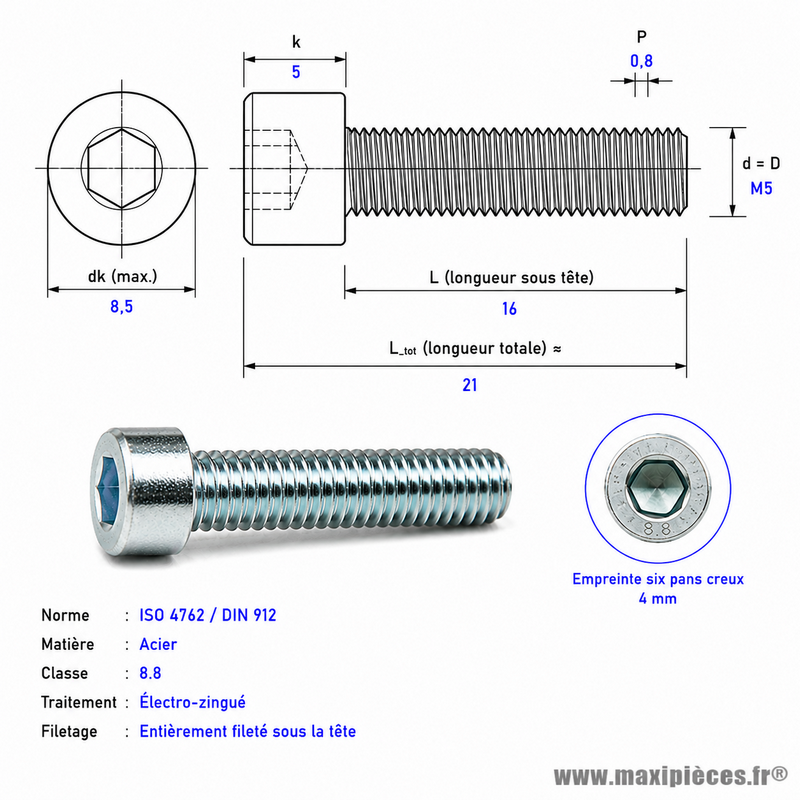 Vis BTR/CHC M 5x16 mm 8.8 (Vendue à l'unité)