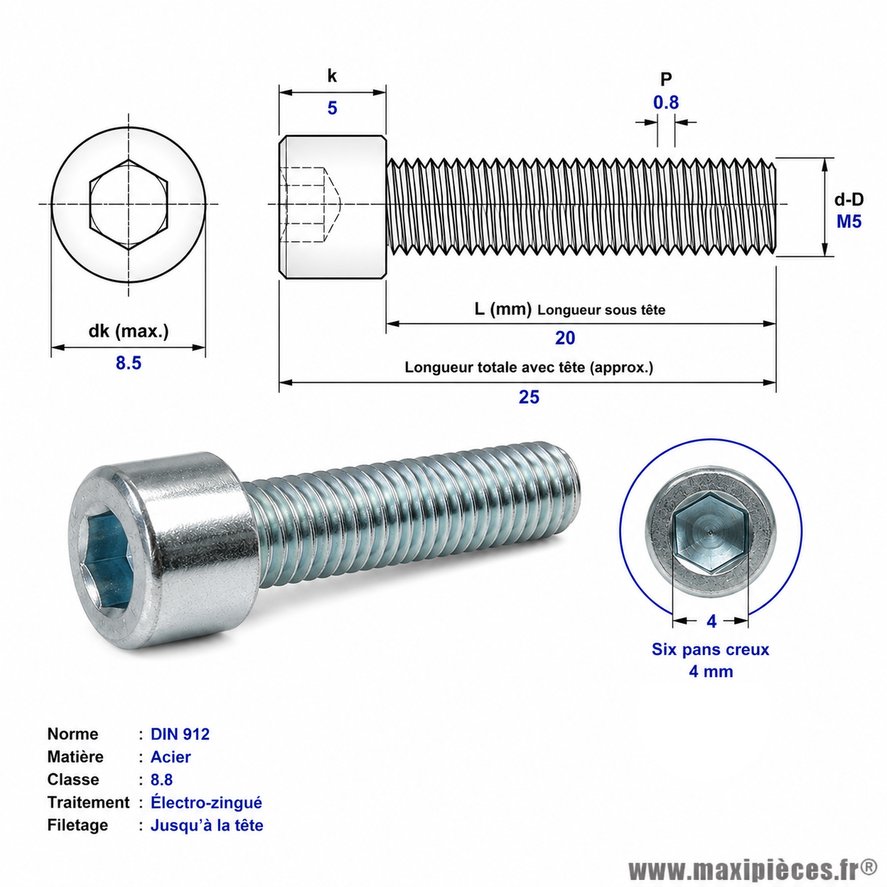 Vis BTR/CHC M 5x20 mm  4.8 (Vendue à l'unité)
