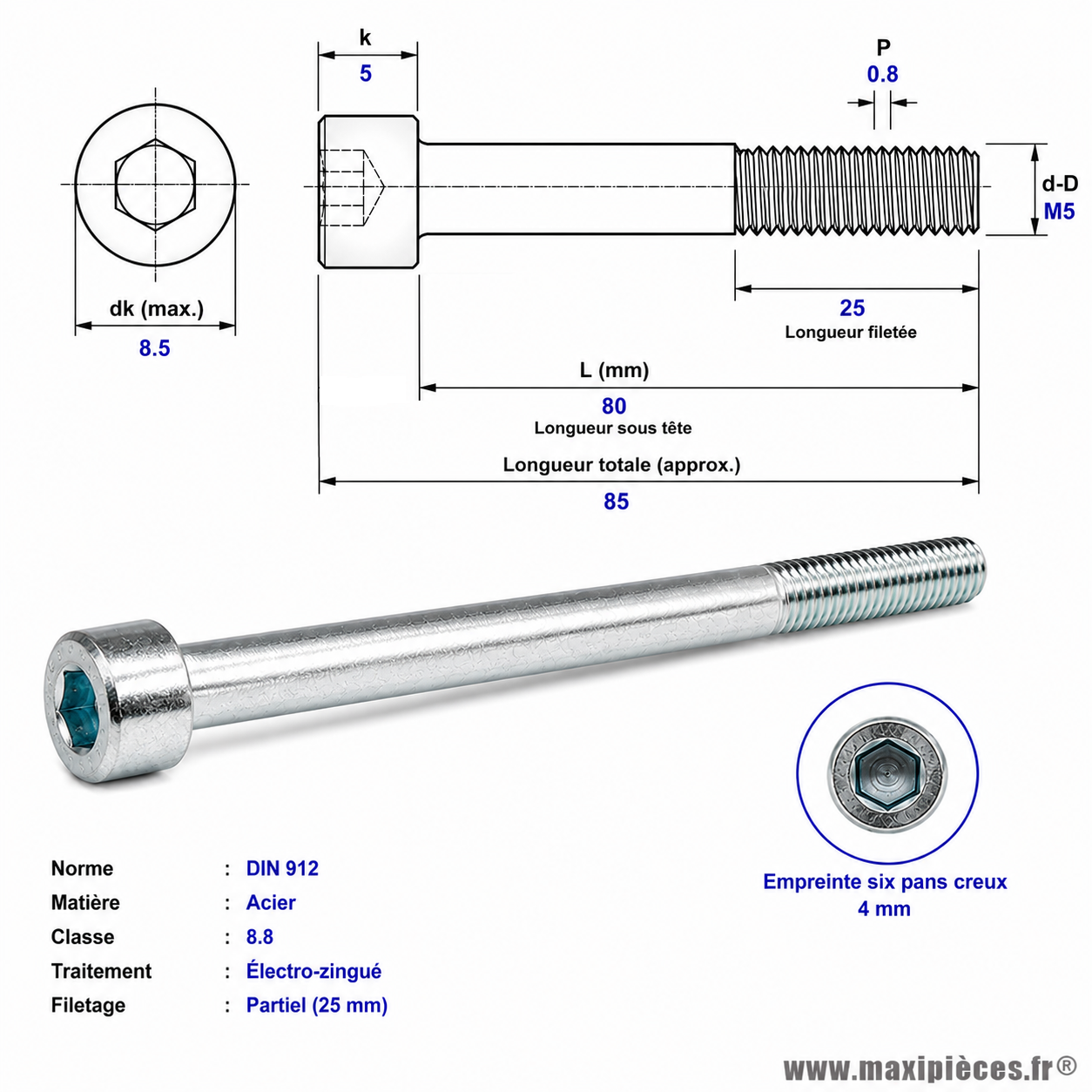 Vis BTR/CHC M 5x80 mm  4.8 (Vendue à l'unité)