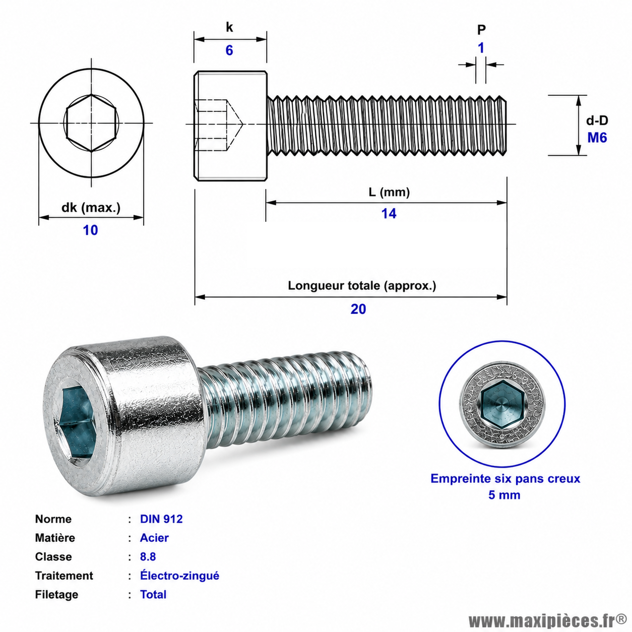 Vis BTR/CHC M 6x14 mm  8.8 (Vendue à l'unité)
