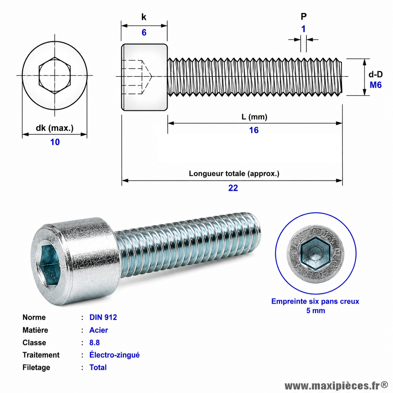 Vis BTR/CHC M 6x16 mm  8.8 (Vendue à l'unité)