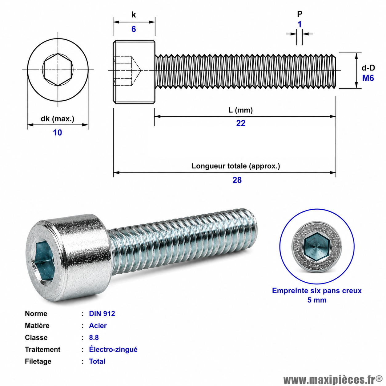 Vis BTR/CHC M 6x22 mm  8.8 (Vendue à l'unité)