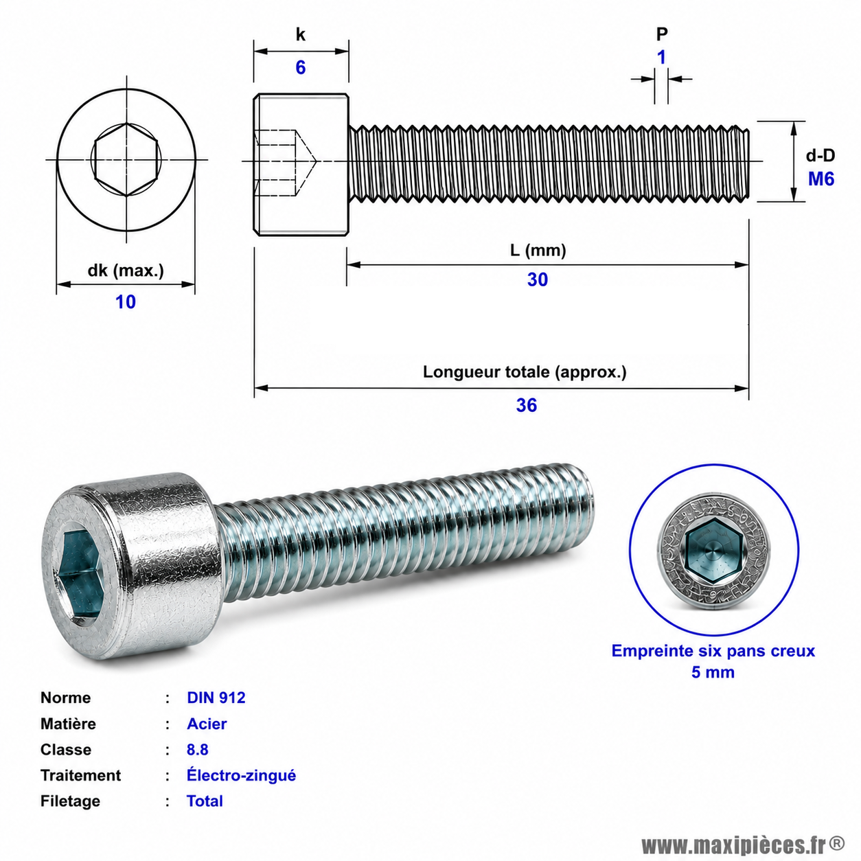 Vis BTR/CHC M 6x30 mm  8.8 (Vendue à l'unité)