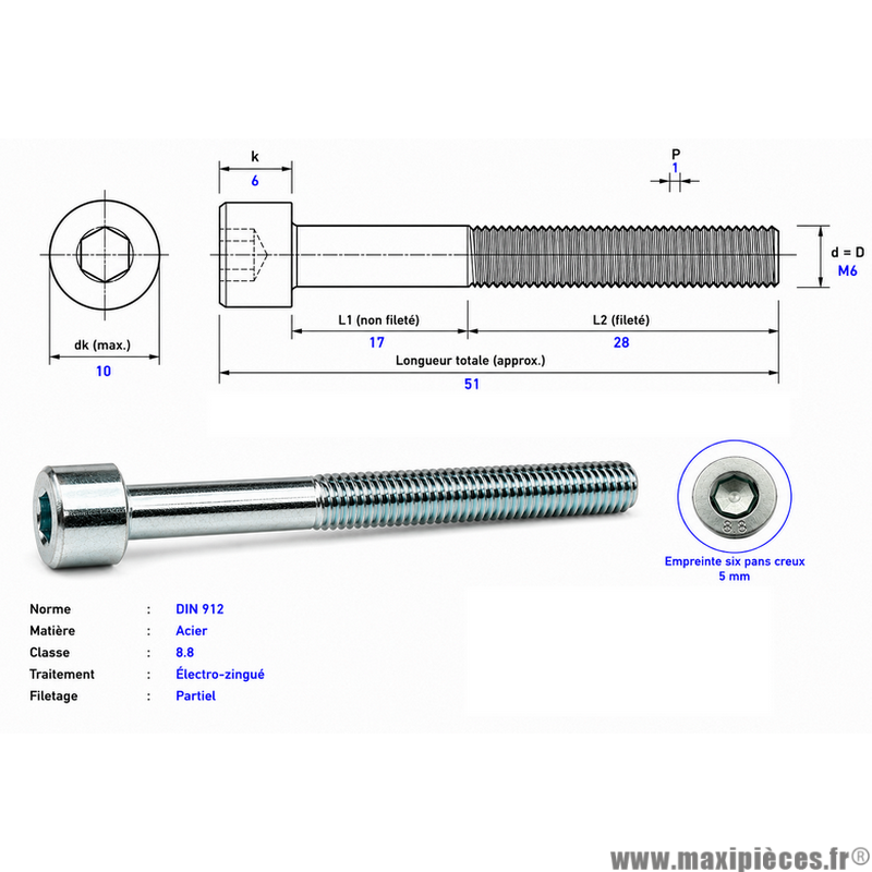 Vis BTR/CHC M 6x45 mm  8.8 (Vendue à l'unité)