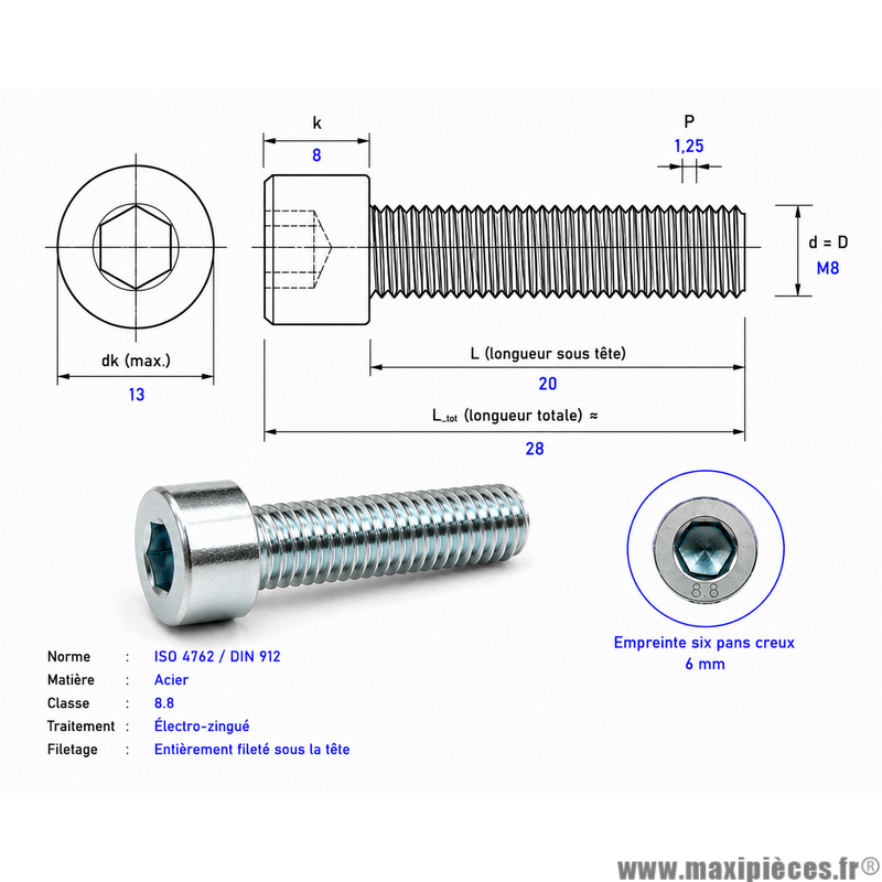 Vis BTR/CHC M 8x20 mm 8.8 (Vendue à l'unité)