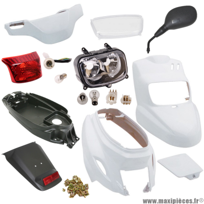 Pack kit carrosserie blanc avec éclairage et rétroviseur pour Mbk/Yamaha booster/bws (à partir de 2004) * Prix spécial !