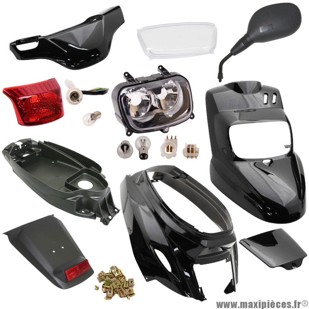 Pack kit carrosserie noir avec éclairage et rétroviseur pour Mbk/Yamaha booster/bws (à partir de 2004) * Prix spécial !