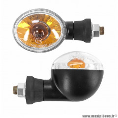 Clignotant universel replay homologué CE ovale à ampoule bau9s transparent/noir base courte (L80mm/H45mm/L53mm) pour moto, scooter, mob, quad… * Prix spécial !