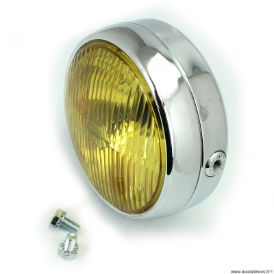 Phare avant chrome diamètre 140 vitre jaune ba20d universel (avec interrupteur) pour mobylette / moto / roadster / scrambler / cafe racer marque TNT