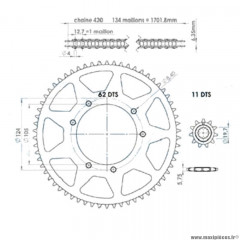 Kit chaine 420 11x62 d105 / fix 3x2 marque Afam pour mécaboite xlimit / dt50 r après 2003