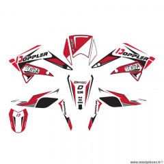 Kit déco / autocollant blanc / noir / rouge marque Doppler pour mécaboite derbi senda 2011>2018 / rcr / smt avant 2018