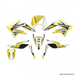 Kit déco / autocollant blanc / noir / jaune marque Doppler pour mécaboite derbi senda 2011>2018 / rcr / smt avant 2018