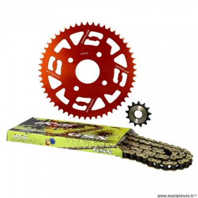 Kit chaine alu 420 53 dents d54 / 4 fix alu rouge marque Doppler pour mécaboite xpower / tzr après 2003
