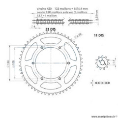 Kit chaine afam pour 50 à boite (420-11x53) : aprilia rs de 2006 à 2007 démultiplication d'origine .