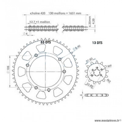 Kit chaine afam pour 50 à boite (420-13x53) : gilera rcr de 2003 à 2005 démultiplication d'origine .