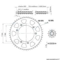 Kit chaine afam pour 50 à boite (420-12x52) : peugeot xp6 sm de 2002 à 2003 démultiplication d'origine .