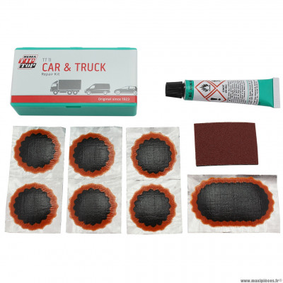 Boite de nécessaire réparation TT10 (rustines + tube dissolution) pour moto / auto