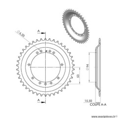 Couronne rayons 42 dents (diamètre 94) 11 trous pour cyclomoteur peugeot 103