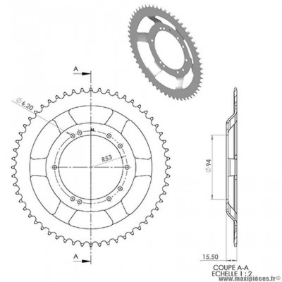 Couronne bts tole 56 dents (diamètre 94) 10 trous pour cyclomoteur peugeot 103