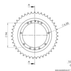 Couronne 43 dents marque Charvin pour mobylette peugeot 103 rayons diamètre 94 (11 trous)