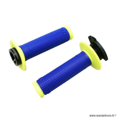 Revêtements poignées marque ProGrip off road 708 double densite bleu électrique-jaune fluo 115mm (avec lock on - livrer avec 5 embouts) (cross-mx)