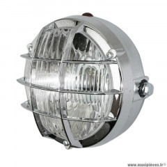 Phare-projecteur mobylette universel rond avec grille diamètre 105mm chrome (emplacement 2 ampoules p26s + temoin)