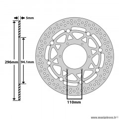 Disque de frein pour moto honda 600 cb f hornet 2007-2013 avant, cbr f 2011-2013 (ext 296mm, int 94,1mm, 6 trous) (df4120a) (marque Newfren)