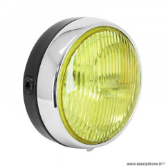 Phare-projecteur universel rond noir entourage chrome vitre jaune diamètre 140mm (ampoule ba20d)