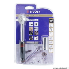 Clé a cliquet marque Tivoly + porte douille et douille universelle diamètre 7 à 19 mm (x3)