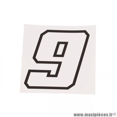 Autocollant numéro de course 9 Blanc Contour Noir Hauteur 10 cm