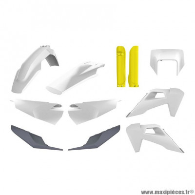 Carrosserie/Carenage Enduro Polisport blanc/gris/jaune 2020> kit plastiques 10 pièces pour Moto HUSQVARNA FE 250 cc, FE 350 cc, FE 450 cc, TE 250 cc, TE 300 cc, TE 450 cc