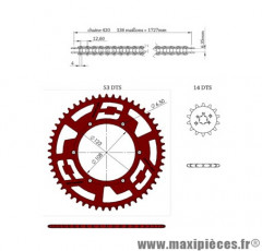 KIT CHAINE DOPPLER ALU POUR: SENDA /DRD/RACING/EVO/GPR NUDE/RACING/RS4 (14X53) DIAMETRE:108 COULEUR ROUGE