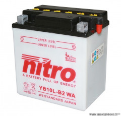 Batterie avec entretient nitro YB10L-B2 WA 12V 11Ah pour moto,quad, maxi-scooter, jet ski, moto neige, tondeuse auto portée (Lg135xL90xH145)