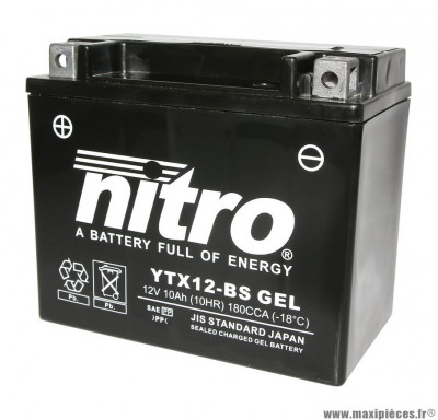 BATTERIE MOTO / SCOOT / QUAD 12V 10Ah YTX12-BS GEL NITRO SANS ENTRETIEN GEL PRET A L'EMPLOI (Lg150xL86xH130)