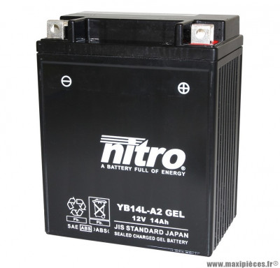 BATTERIE MOTO / SCOOT / QUAD 12V 14Ah YB14L-A2 GEL NITRO SANS ENTRETIEN GEL PRET A L'EMPLOI (Lg134xL88xH166)