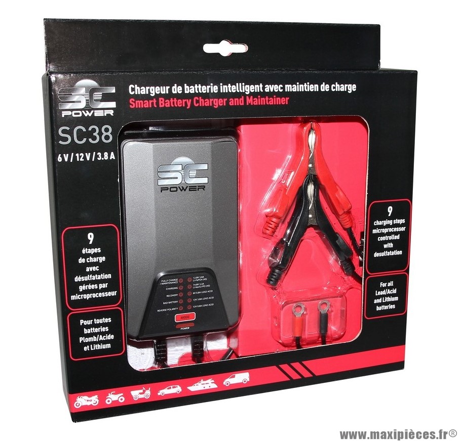 CHARGEUR POUR BATTERIE ET MAINTIEN DE CHARGE SC POWER SC38 AUTOMATIQUE 6 / 12V + COMPTATIBLE BATTERIE LITHIUM COURANT DE SORTIE 0,8A / 3,8A SELECTIONNABLE (VENDU AVEC PINCES CROCODILES + CONNEXIONS RAPIDES)