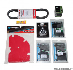 Kit entretien (bougie ngk + mousse filtre à air artein + courroie mitsuboshi + galets artek + filtre à huile hiflofiltro + plaquettes avant et arrière newfren) pour maxi scooter 125cc piaggio mp3 après 2006