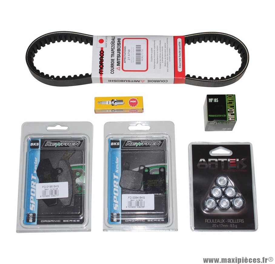 Kit entretien (bougie ngk + courroie bando + galets artek + filtre à huile hiflofiltro + plaquettes avant et arrière newfren) pour maxi scooter 125cc peugeot satelis après 2006