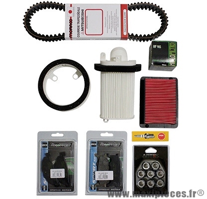 Kit entretien (bougies ngk + filtre à air et à huile hiflofiltro + courroie bando + galets artek + plaquettes avant et arrière newfren) pour maxi scooter 500cc yamaha tmax 2008>2011
