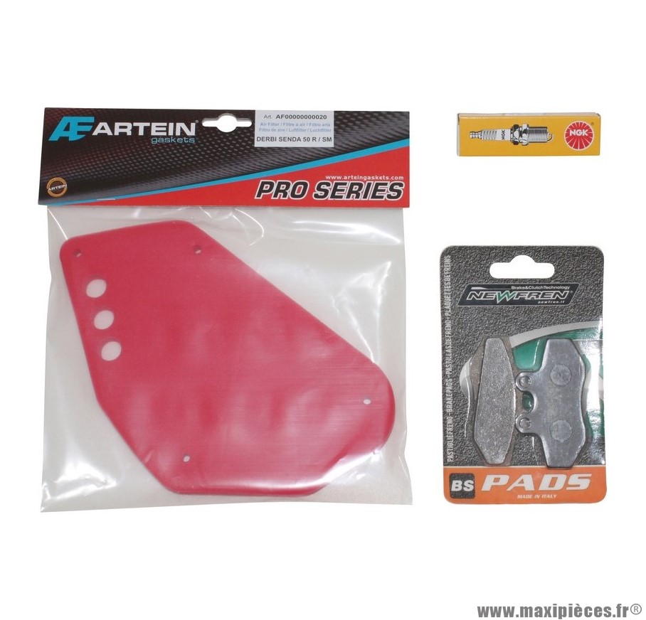 Kit entretien (bougie ngk br8es + mousse de filtre artein + plaquette newfren avant) pour 50 à boite derbi senda drd après 2003