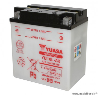 Batterie 12v 11 ah yb10l-a2 yuasa avec entretien (lg135x90x145) pièce pour Scooter, Mécaboite, Maxi Scooter, Moto, Quad