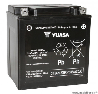 Batterie 12v 30ah yix30l yuasa sans entretien gel pret a l'emploi (lg166x126x175) pièce pour Scooter, Mécaboite, Maxi Scooter, Moto, Quad